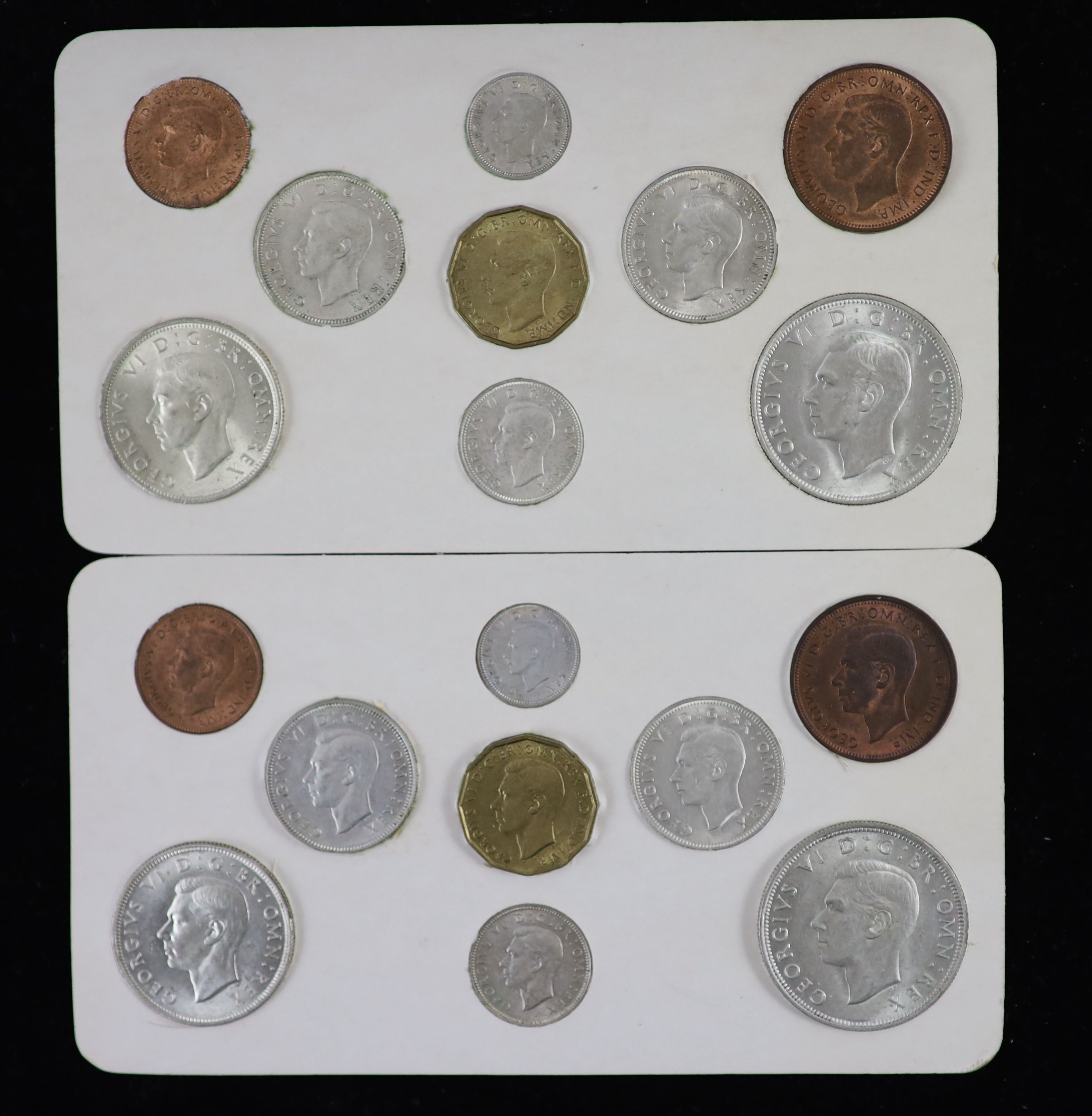 George VI specimen coin sets for 1938, 1939, 1940, 1941, 1942 and 1943, first coinage, the majority about EF or better